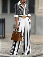 Striped Shirt And Vertical-striped Wide-leg Pants Set