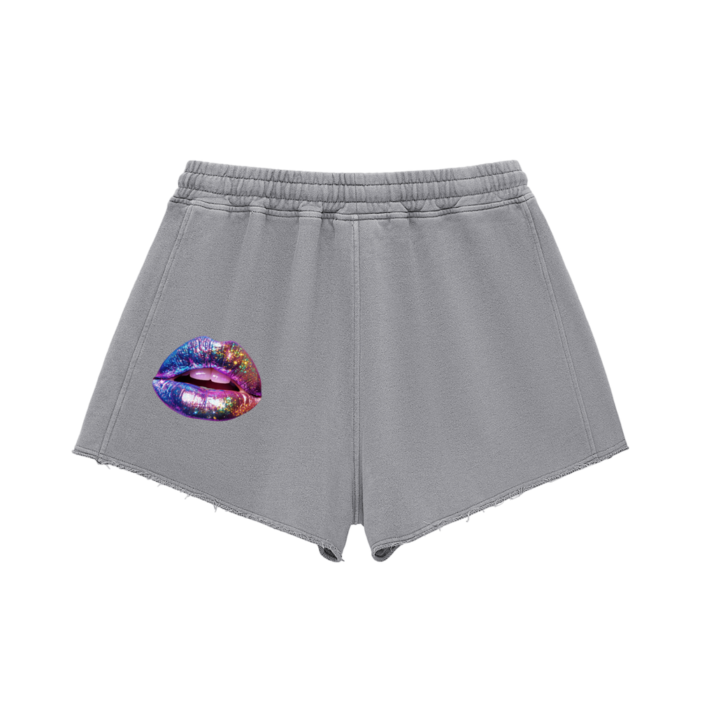 Iridescent Lips|Snow Washed Raw Edge Drawstring Shorts