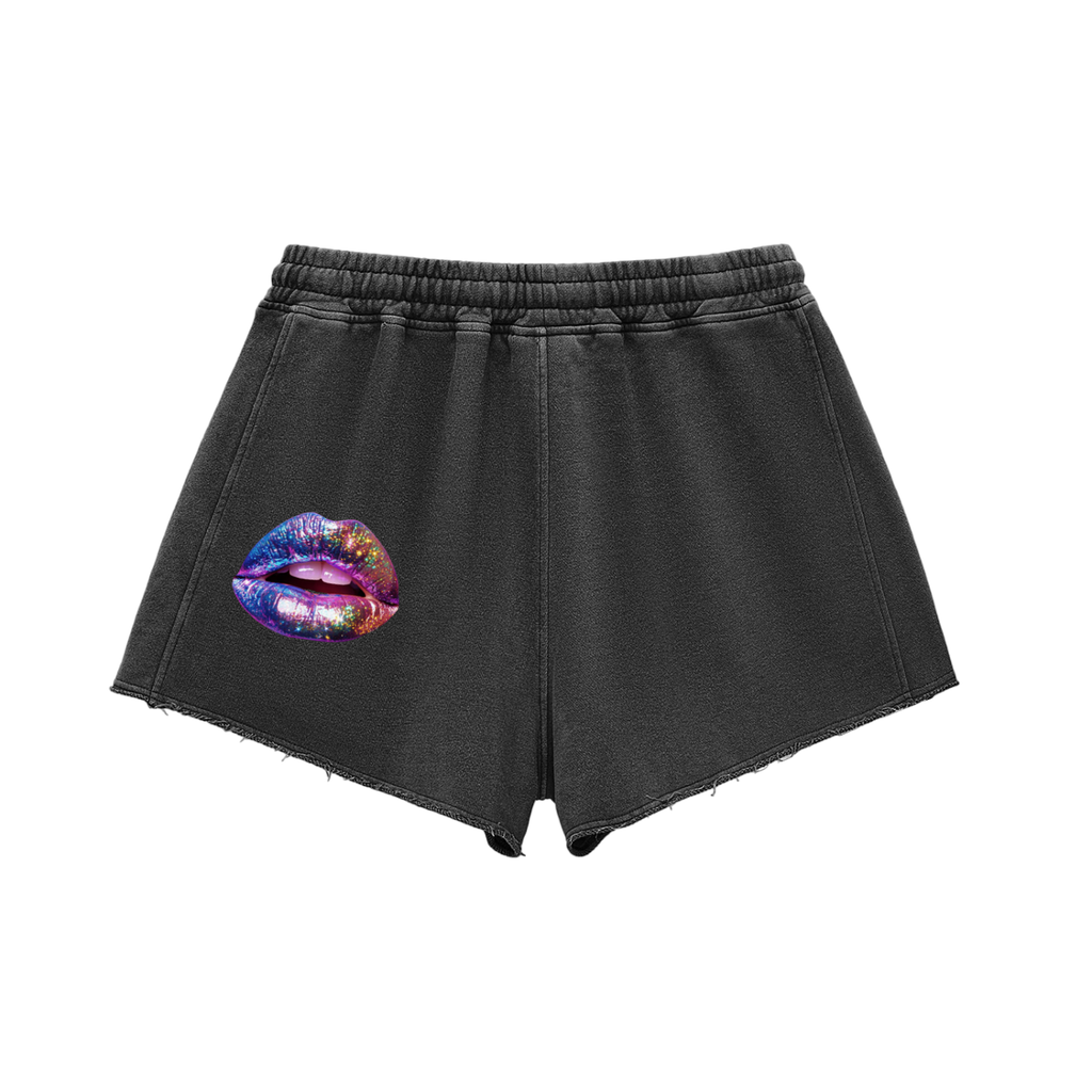 Iridescent Lips|Snow Washed Raw Edge Drawstring Shorts