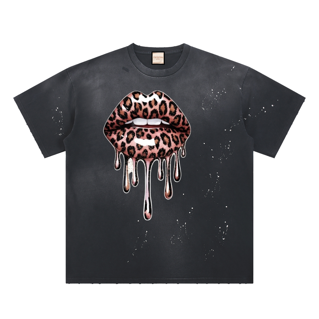 Leopard Lip Drip|Hand-Frayed Sunfade Paint Splatter T-Shirt