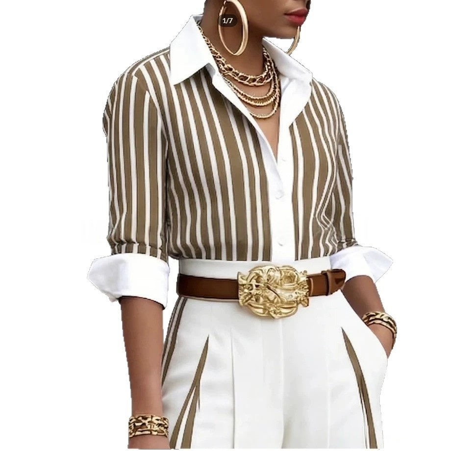 Striped Shirt And Vertical-striped Wide-leg Pants Set