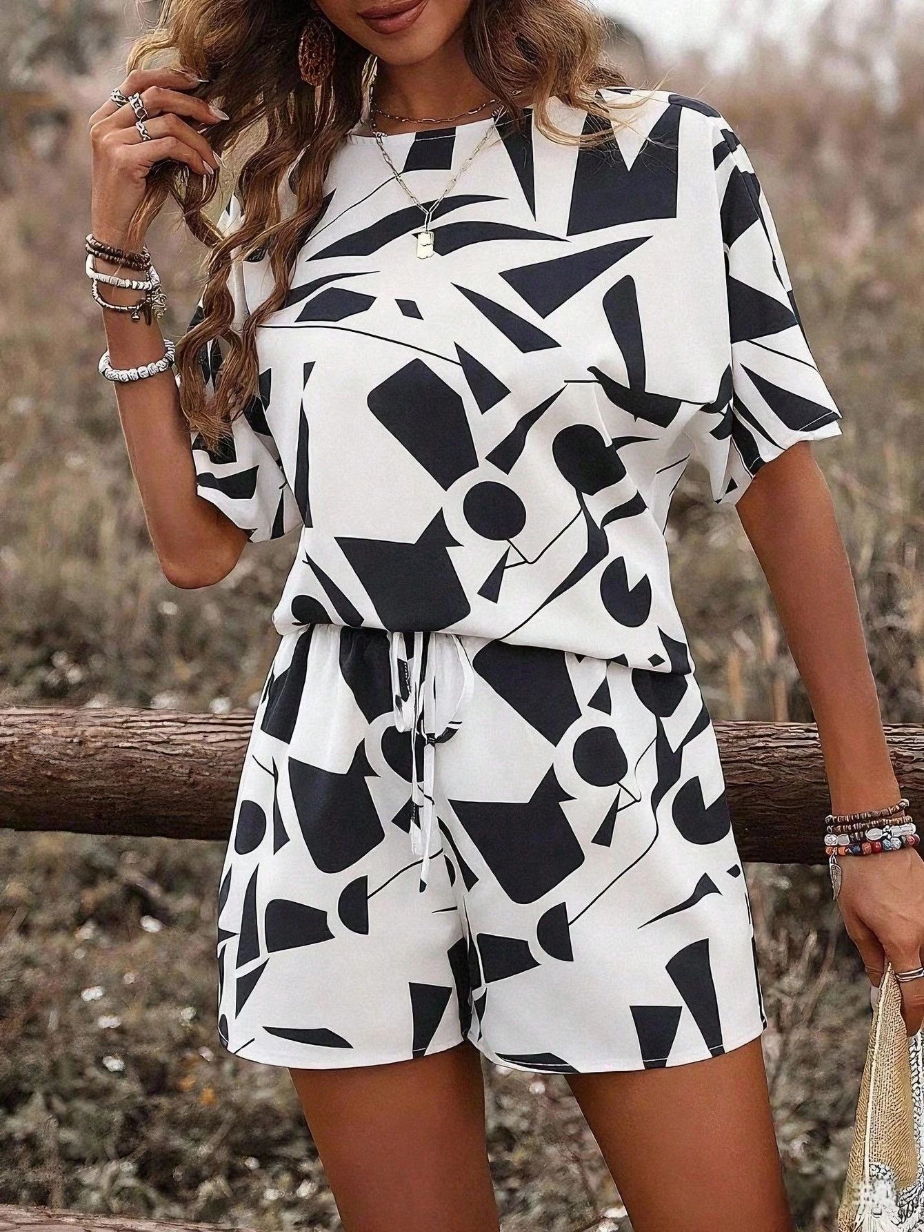 Casual Fashionable And Trendy Short-sleeve Crew-neck Top With Tie-dye Design And Matching Shorts Set