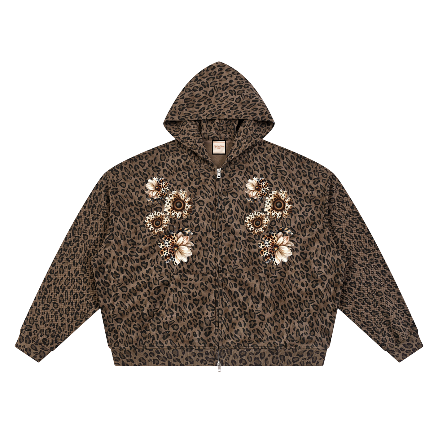 Unisex Leopard Print Waffle Full Zip Hoodie