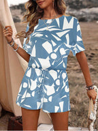 Casual Fashionable And Trendy Short-sleeve Crew-neck Top With Tie-dye Design And Matching Shorts Set