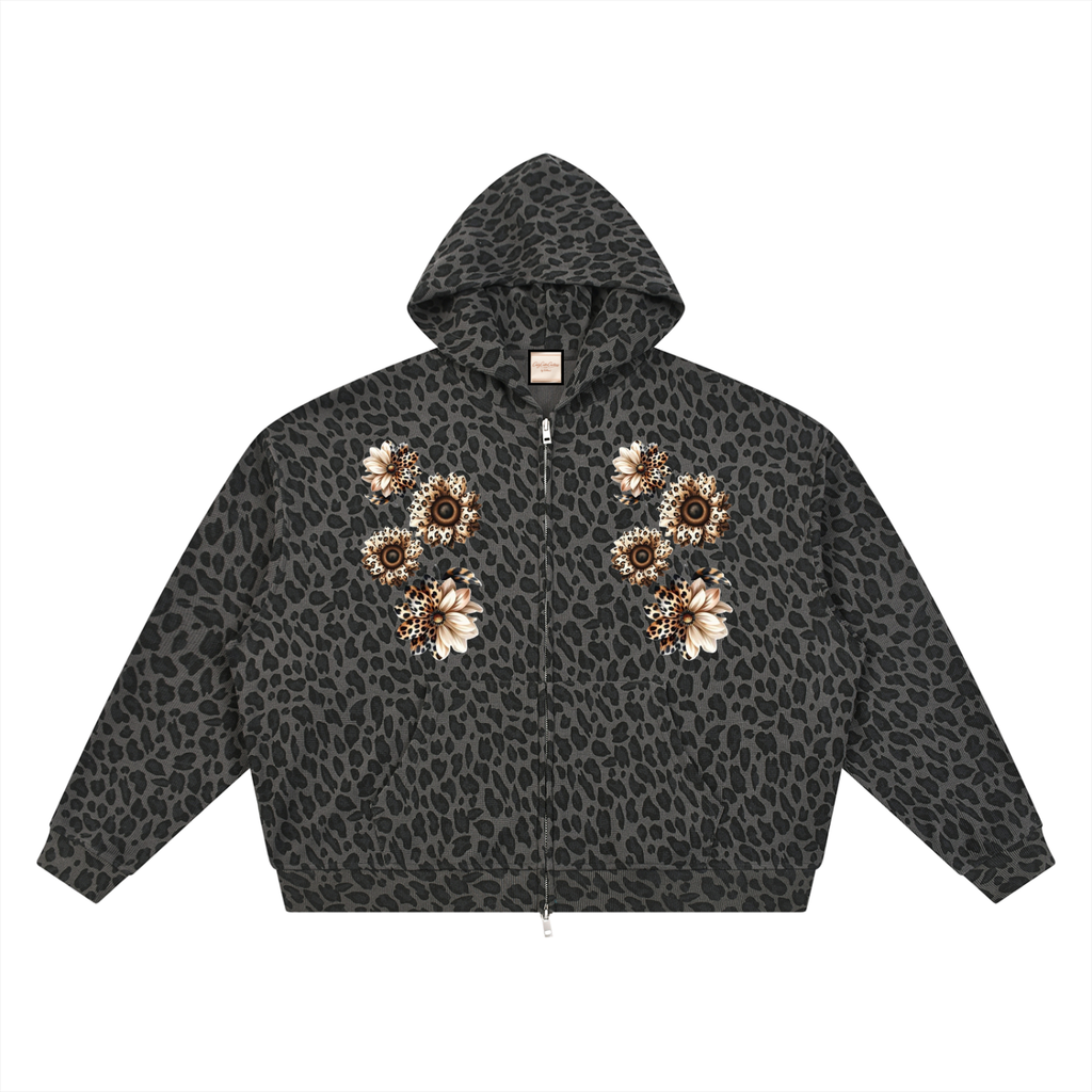 Unisex Leopard Print Waffle Full Zip Hoodie