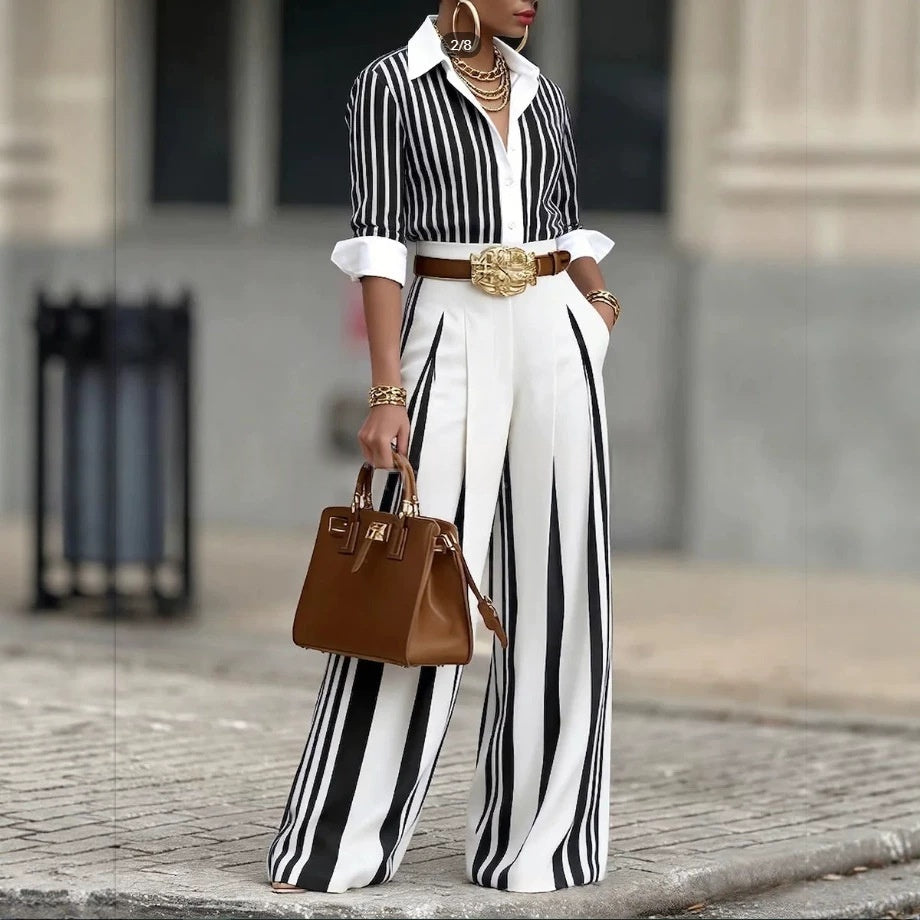 Striped Shirt And Vertical-striped Wide-leg Pants Set
