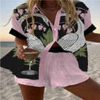 Women's Fashion Printed Casual Vacation Style Cardigan Shorts Suit