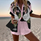 Women's Fashion Printed Casual Vacation Style Cardigan Shorts Suit
