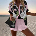 Women's Fashion Printed Casual Vacation Style Cardigan Shorts Suit