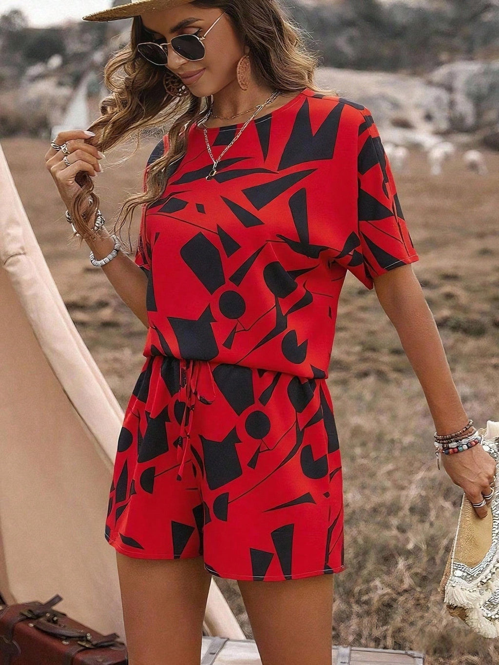 Casual Fashionable And Trendy Short-sleeve Crew-neck Top With Tie-dye Design And Matching Shorts Set